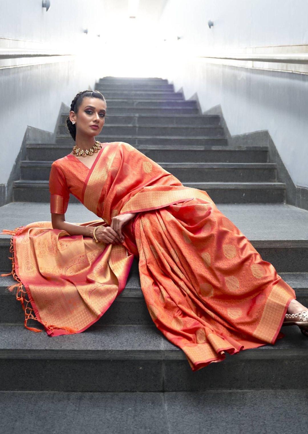 Rust Orange Hand Woven Kanjivaram Silk Saree