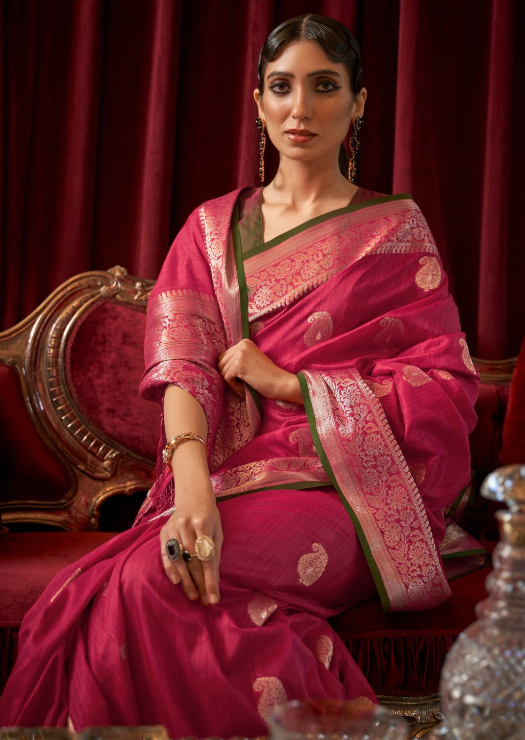 Deep Pink Zari Woven Pure Handloom Tessar Silk Saree