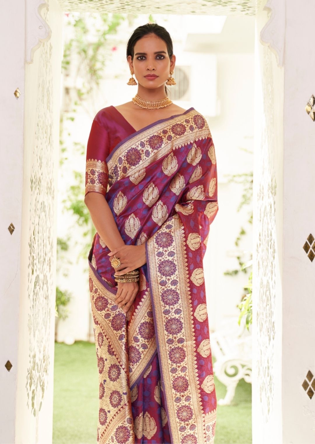 Plum Purple Woven Pure Satin Banarasi Silk Saree