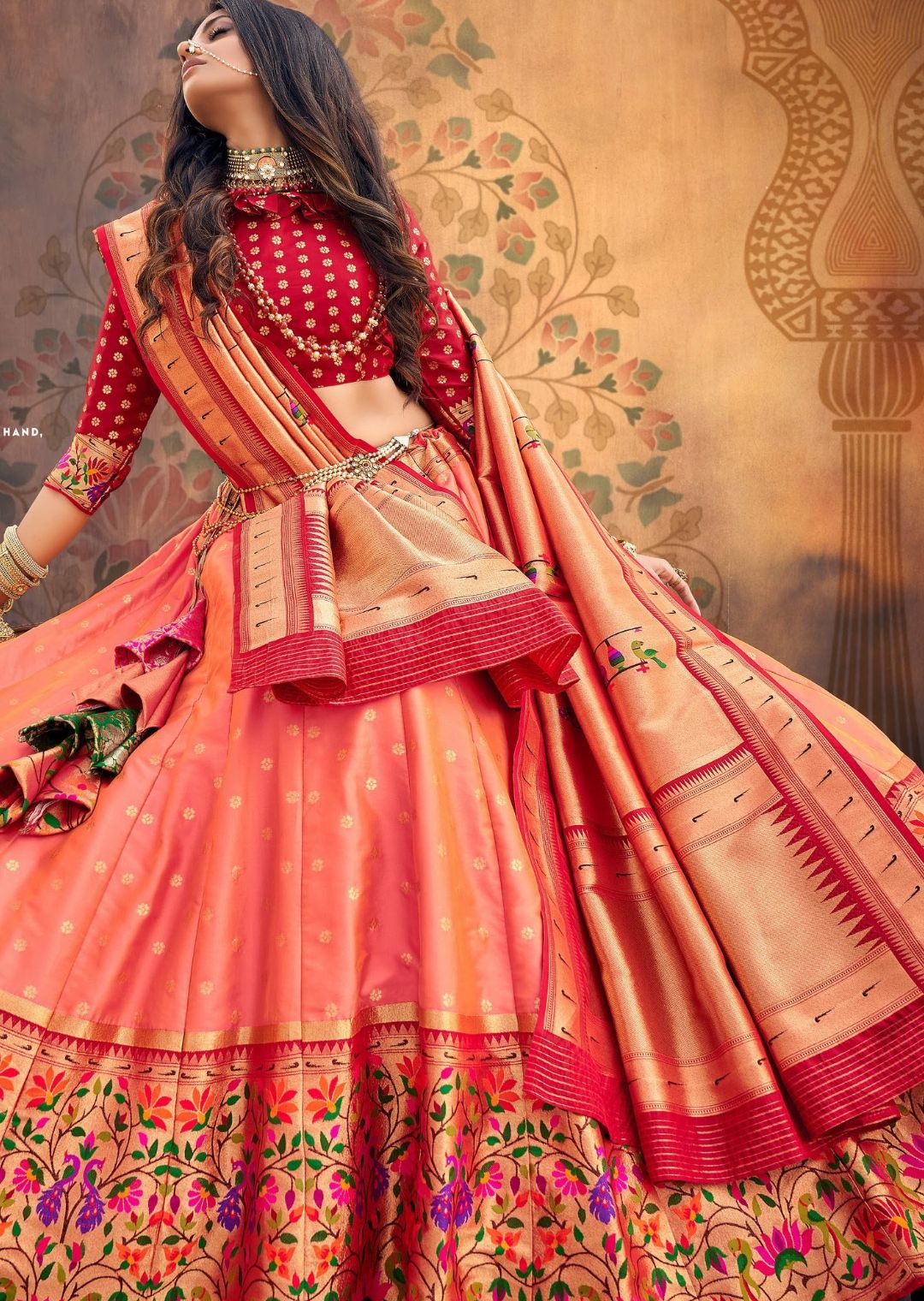 Peach Woven Paithani Silk Lehenga