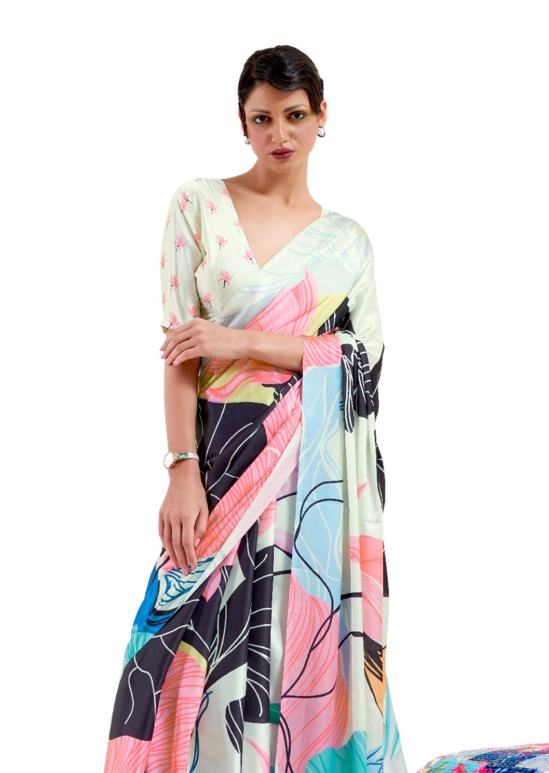 Light Tea Green Digital Printed Satin Crepe Saree