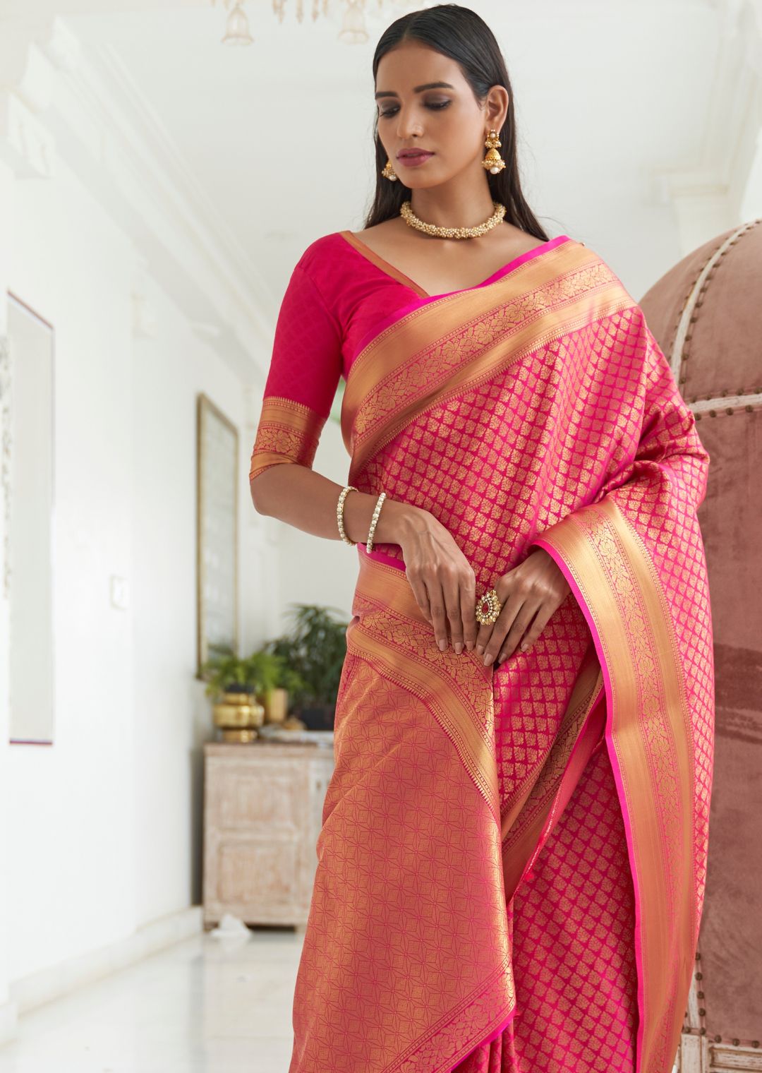 Magenta Pink Hand Woven Kanjivaram Silk Saree