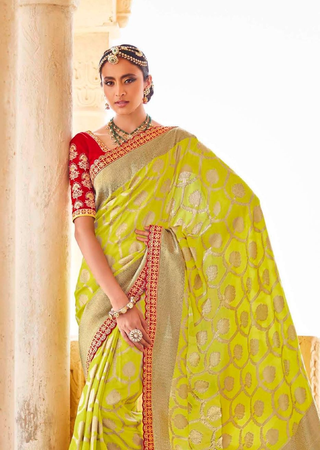 Lime Green Woven Exclusive Designer Banarasi Silk Saree With Embroidered Silk Blouse