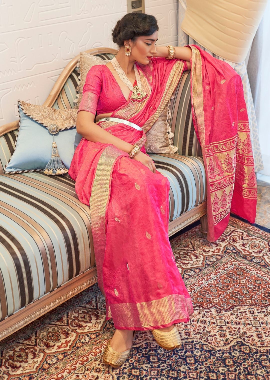 French Rose Pink Woven Handloom Zari Silk Saree