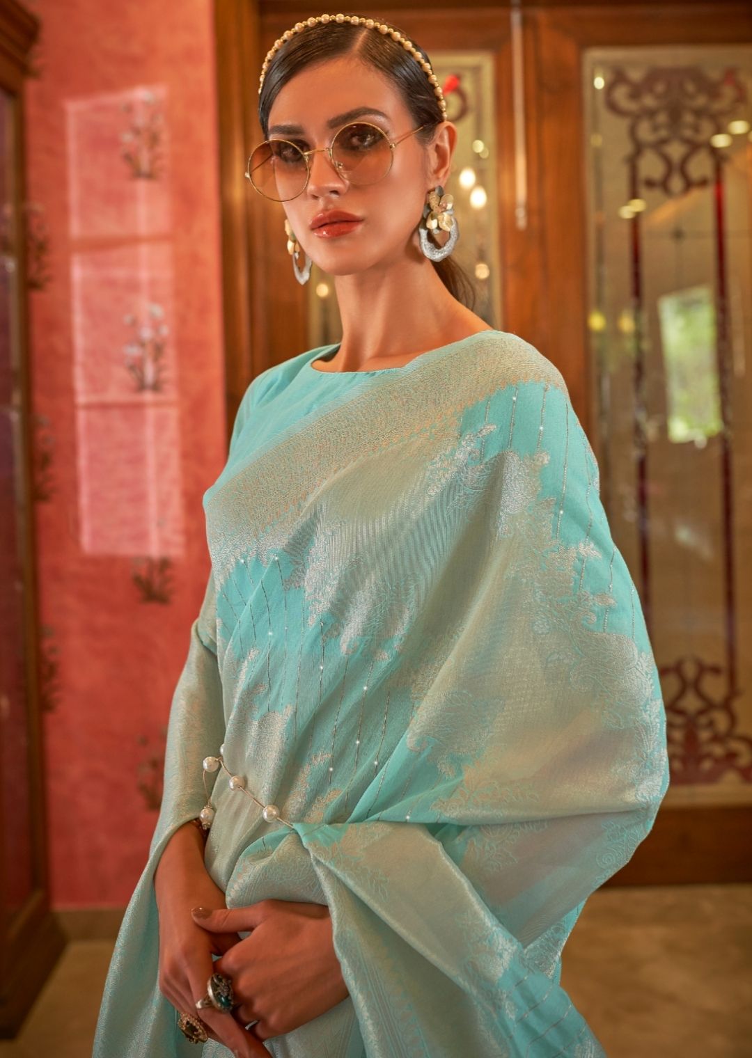 Golden Aqua Marine Blue Zari Woven Pure Handloom Linen Saree