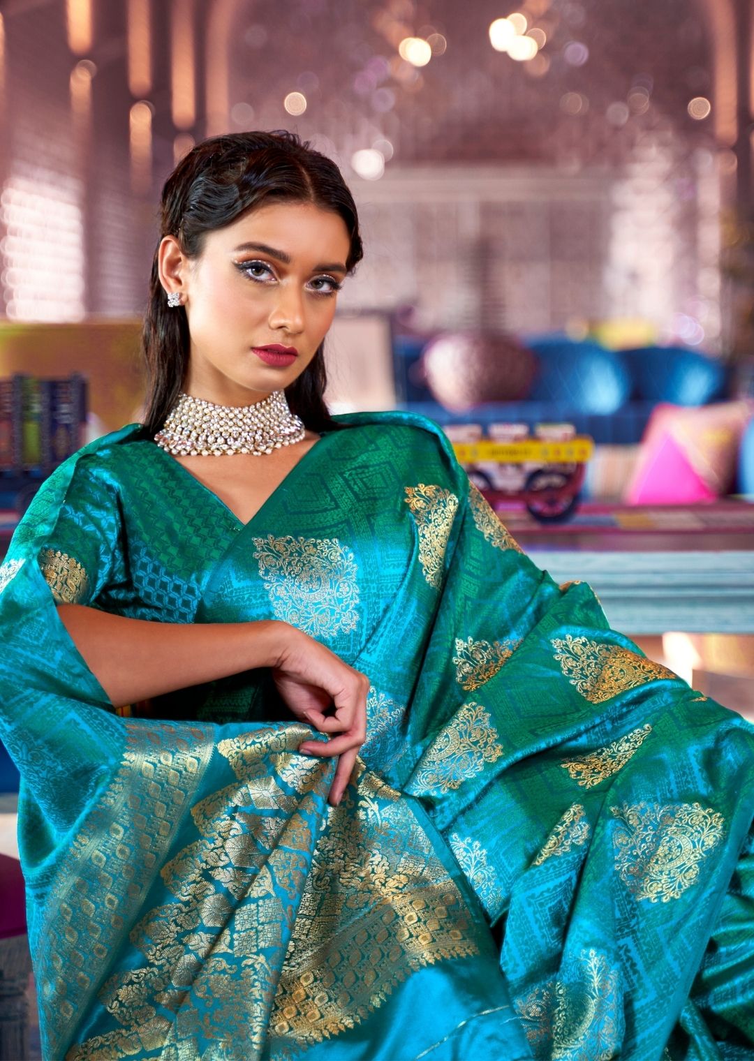 Sky Blue Woven Pure Satin Silk Saree