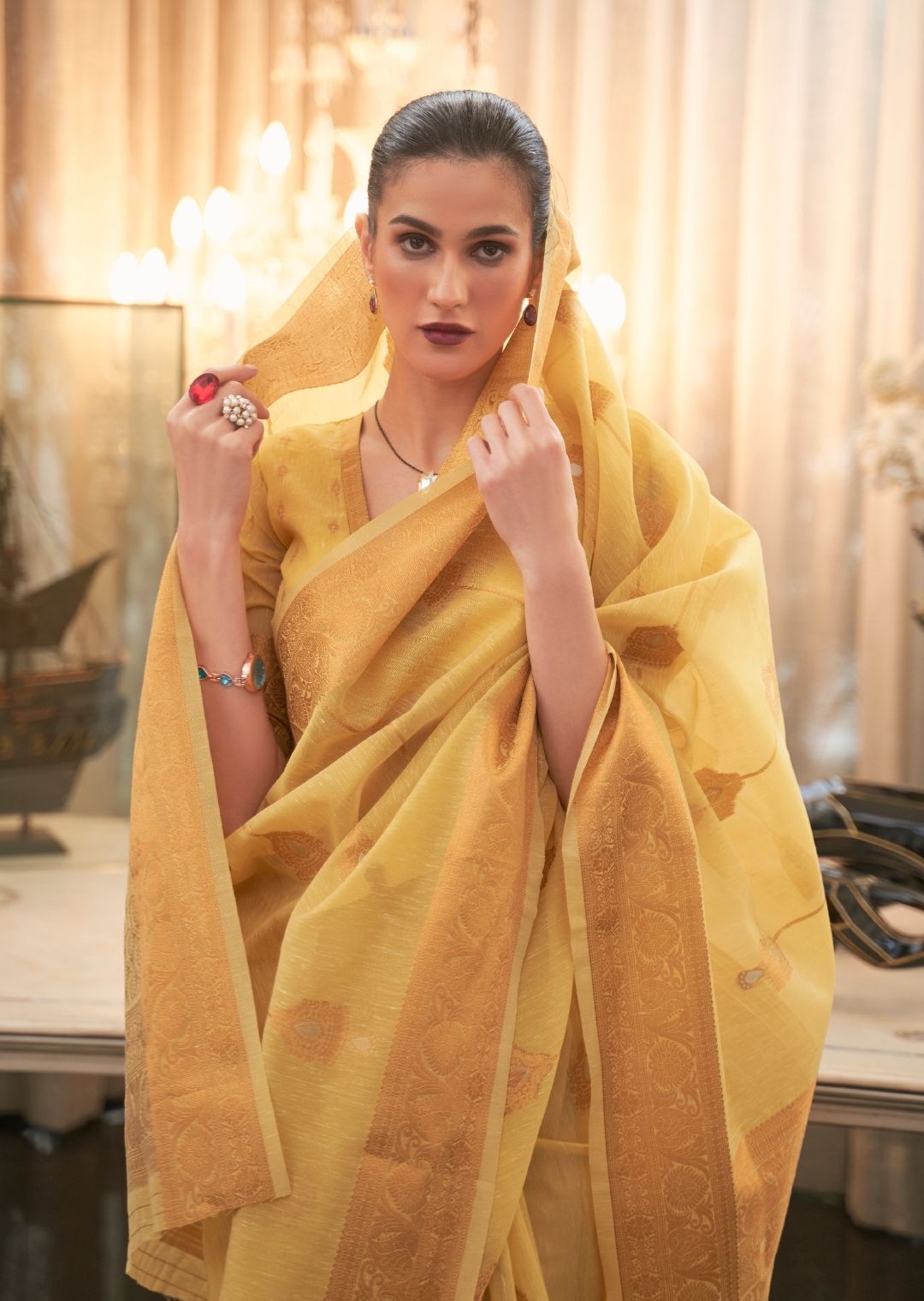 Royal Yellow Zari Woven Pure Handloom Linen Saree