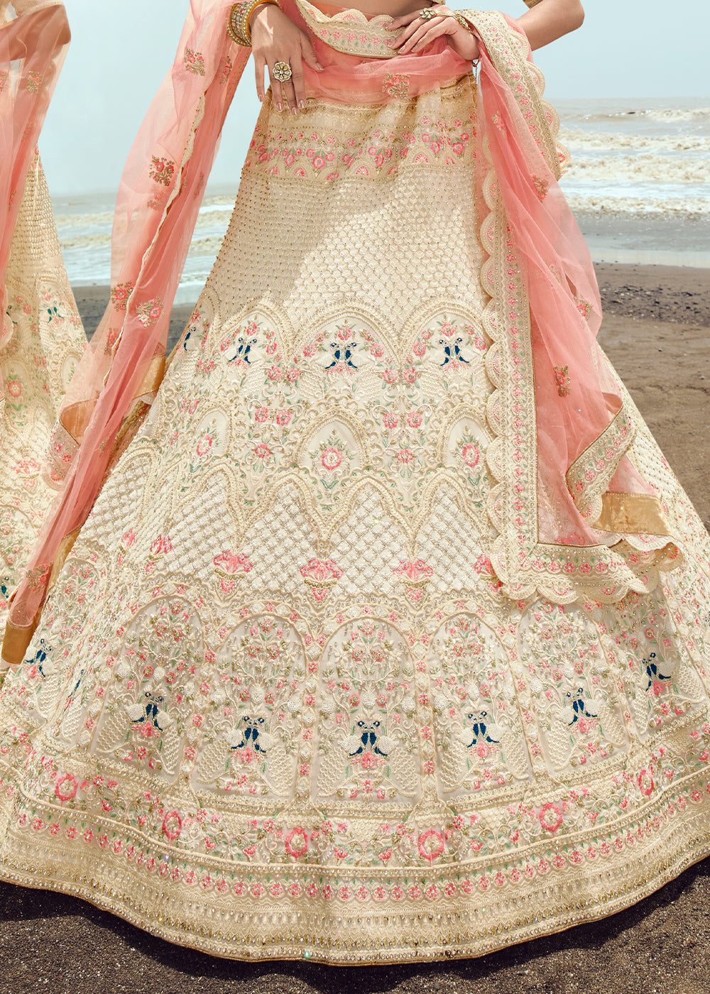 PEARL WHITE HEAVY EMBROIDERED PREMIUM DESIGNER LEHENGA