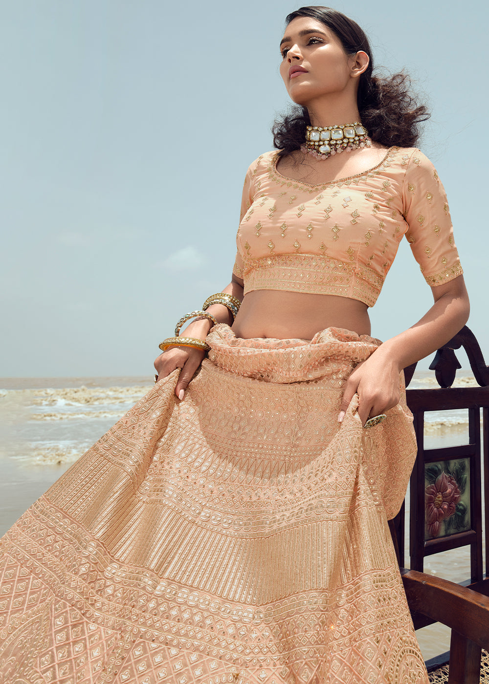 PEACH HEAVY EMBROIDERED PREMIUM DESIGNER LEHENGA