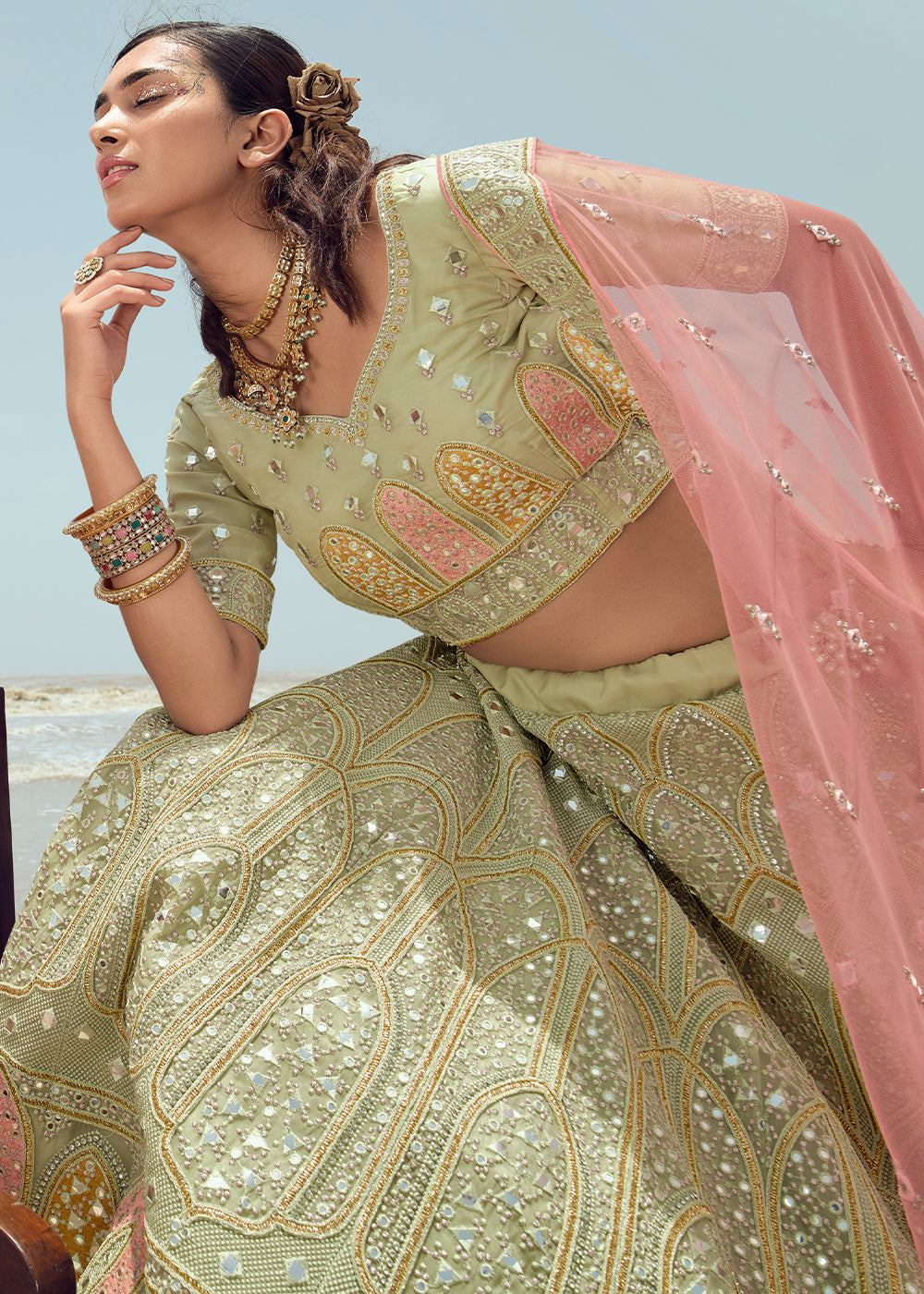 PISTACHIO HEAVY EMBROIDERED PREMIUM DESIGNER LEHENGA