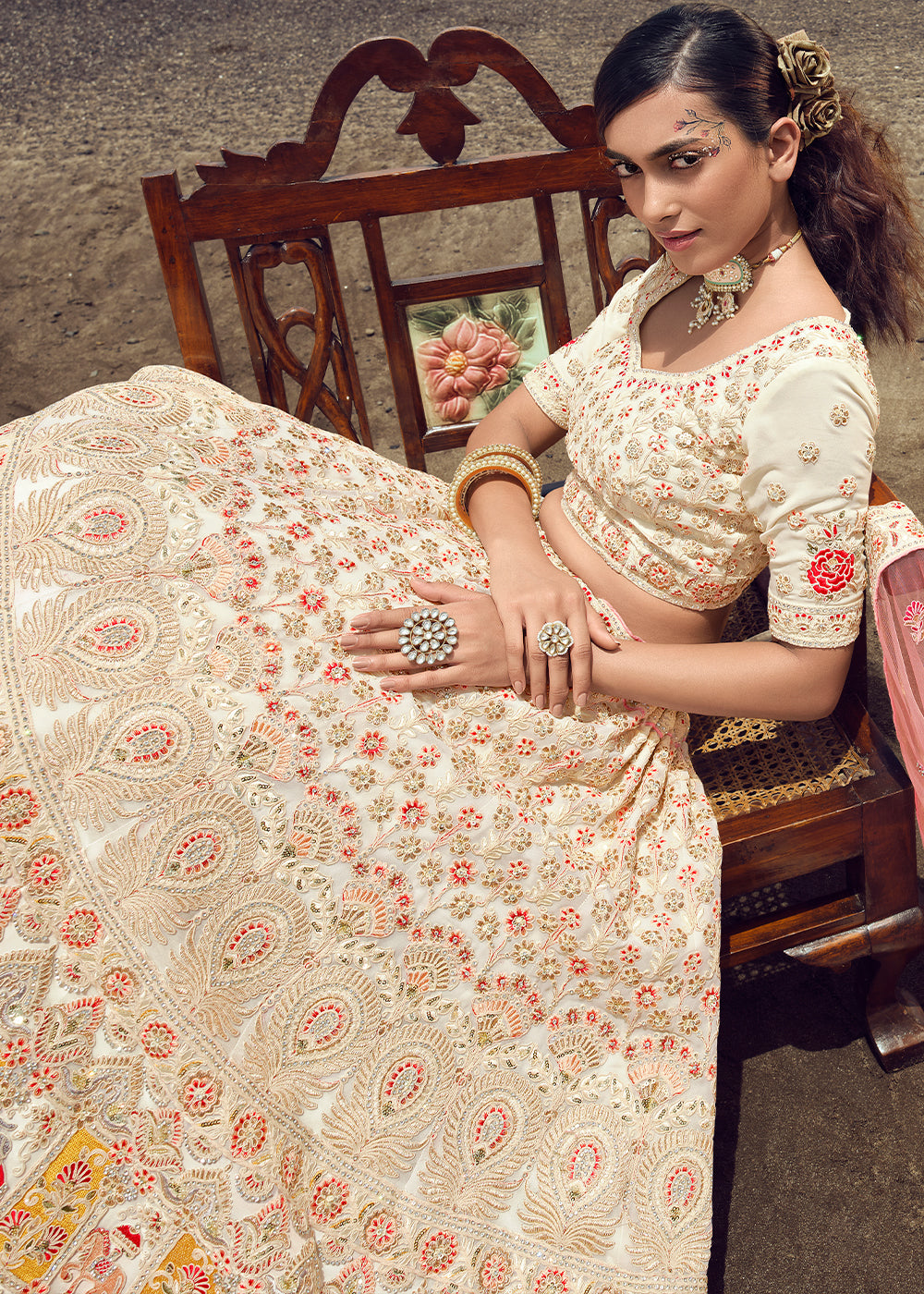 PEARL WHITE HEAVY EMBROIDERED PREMIUM DESIGNER LEHENGA