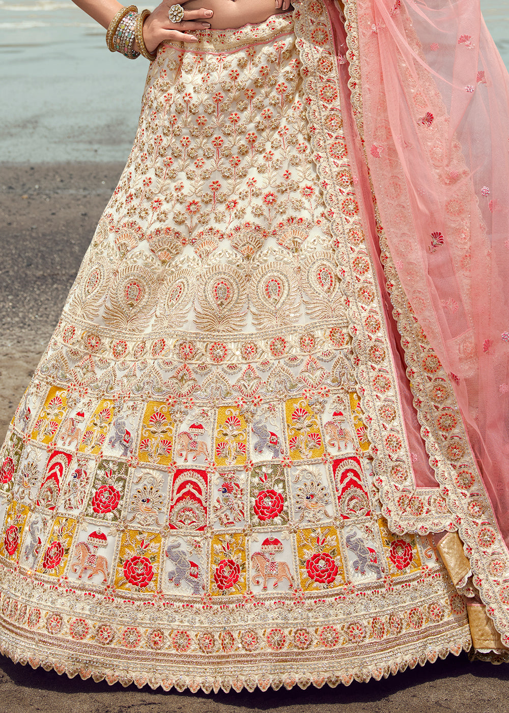 PEARL WHITE HEAVY EMBROIDERED PREMIUM DESIGNER LEHENGA