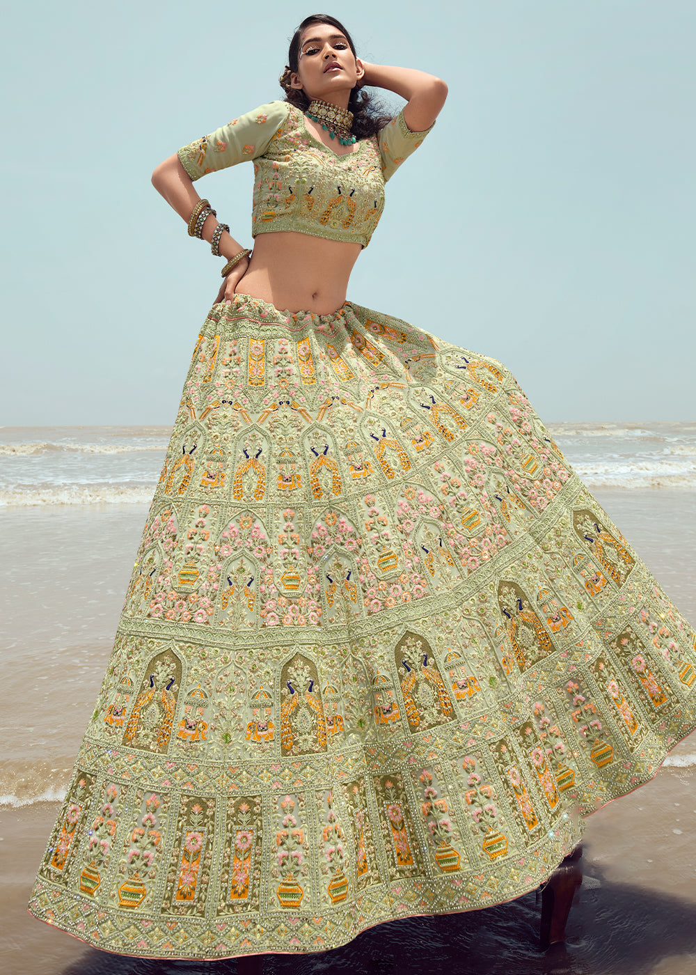 PISTACHIO HEAVY EMBROIDERED PREMIUM DESIGNER LEHENGA