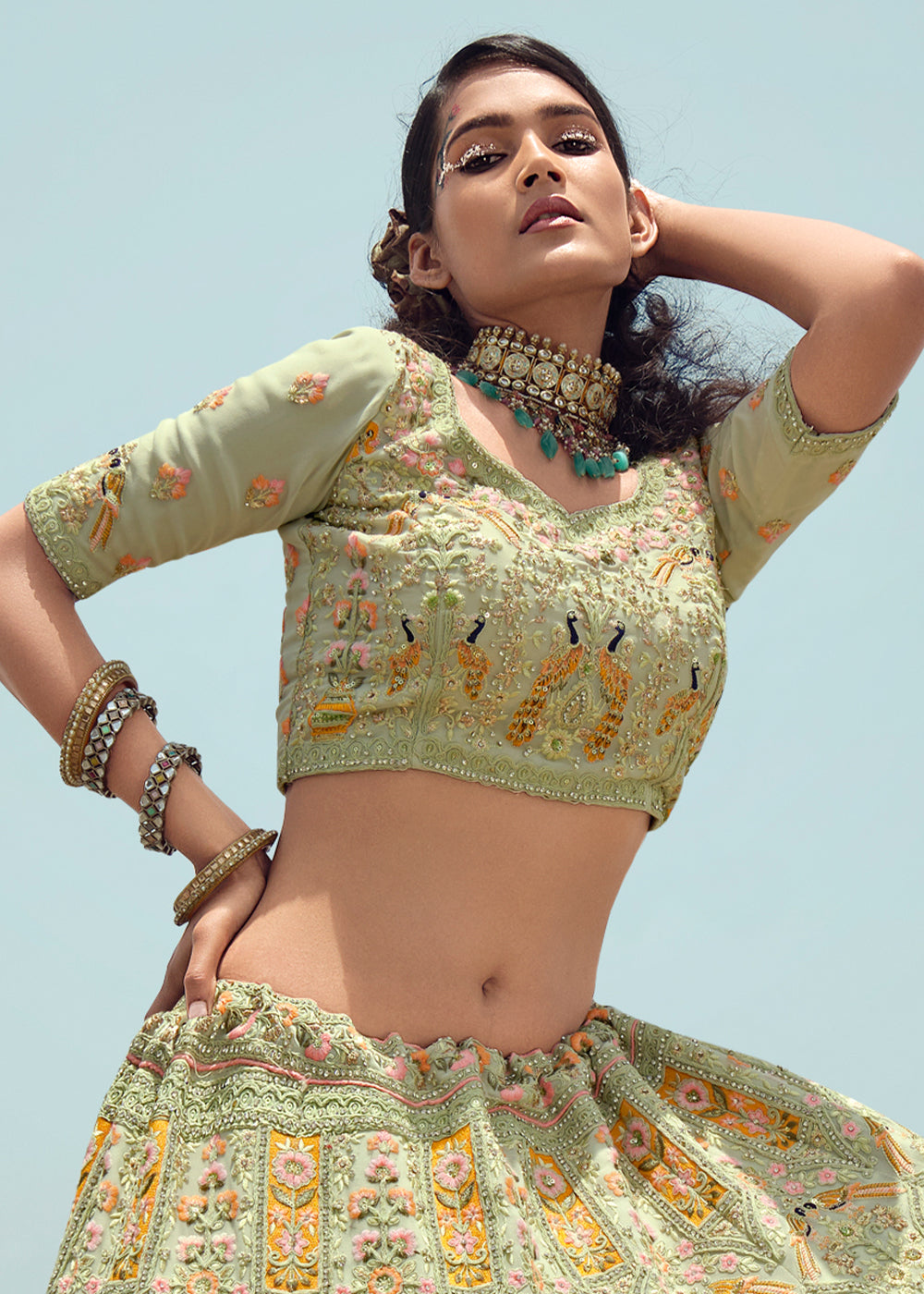 PISTACHIO HEAVY EMBROIDERED PREMIUM DESIGNER LEHENGA