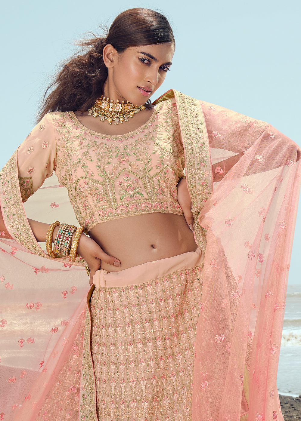 PEACH PINK HEAVY  EMBROIDERED PREMIUM DESIGNER LEHENGA