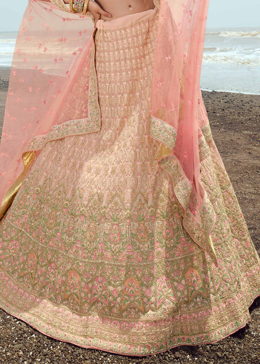 PEACH PINK HEAVY  EMBROIDERED PREMIUM DESIGNER LEHENGA