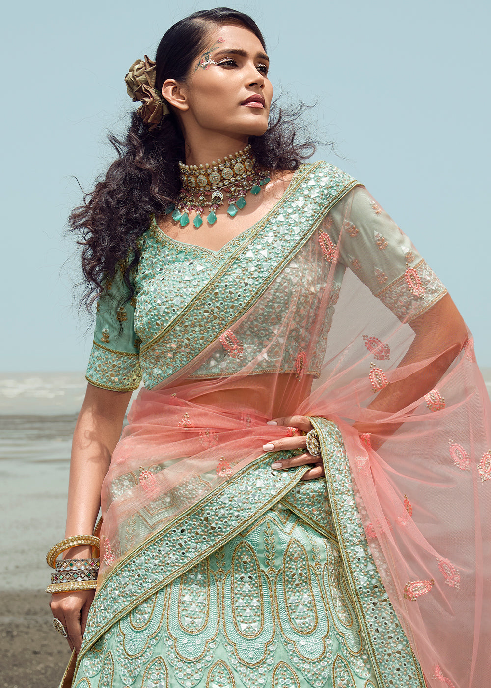 PALED TURQUOISE HEAVY EMBROIDERED PREMIUM DESIGNER LEHENGA