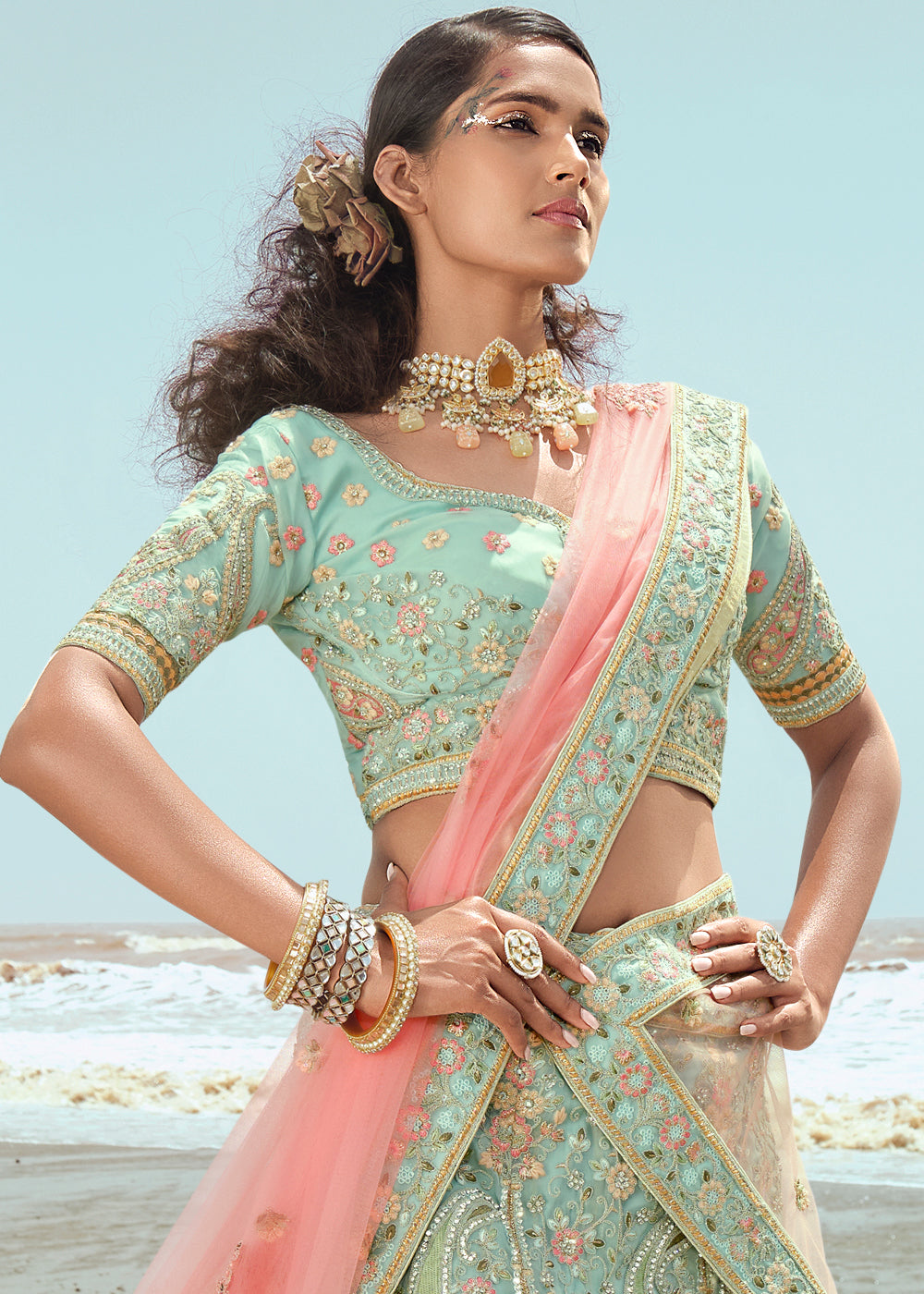 LIGHT TURQUOISE HEAVY EMBROIDERED PREMIUM DESIGNER LEHENGA