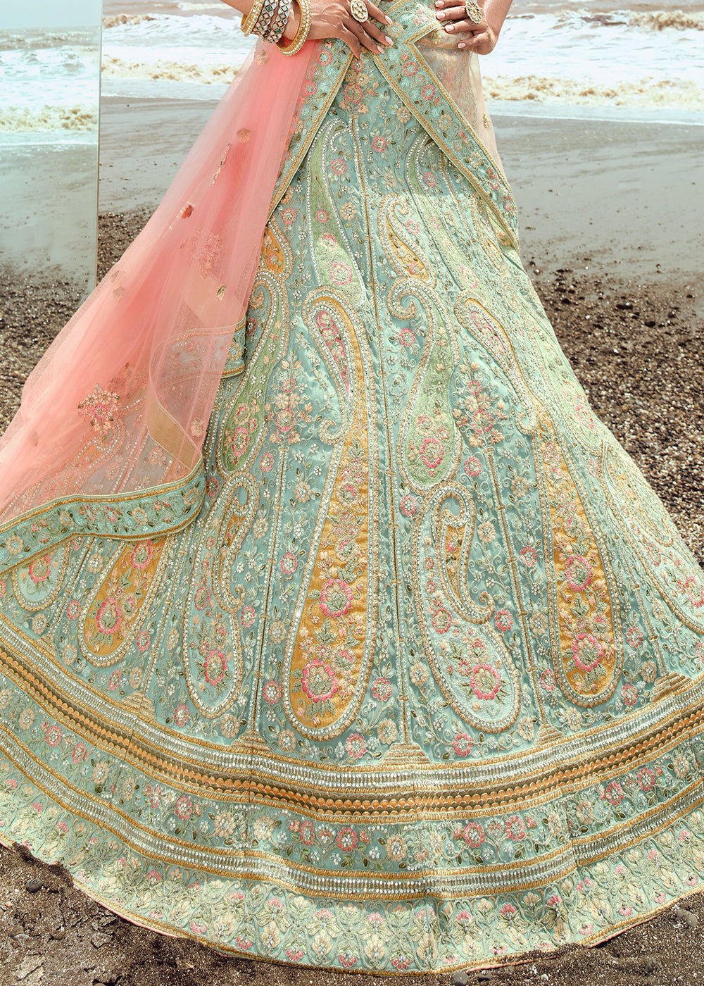 LIGHT TURQUOISE HEAVY EMBROIDERED PREMIUM DESIGNER LEHENGA