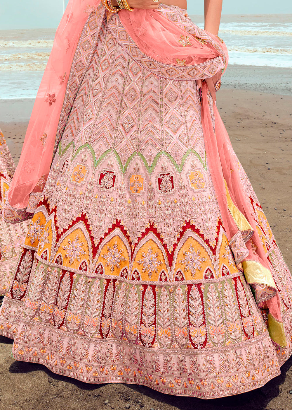 SALMON PINK HEAVY EMBROIDERED PREMIUM DESIGNER LEHENGA