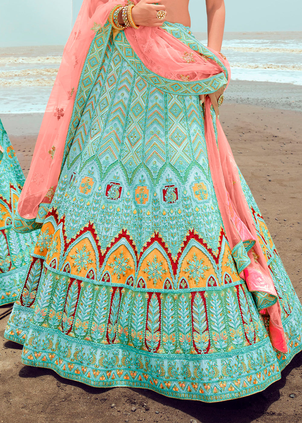 PALED TURQUOISE HEAVY EMBROIDERED PREMIUM DESIGNER LEHENGA