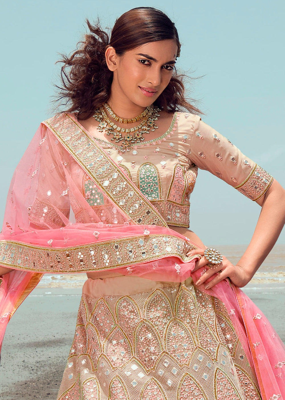 BLUSH IVORY HEAVY EMBROIDERED PREMIUM DESIGNER LEHENGA