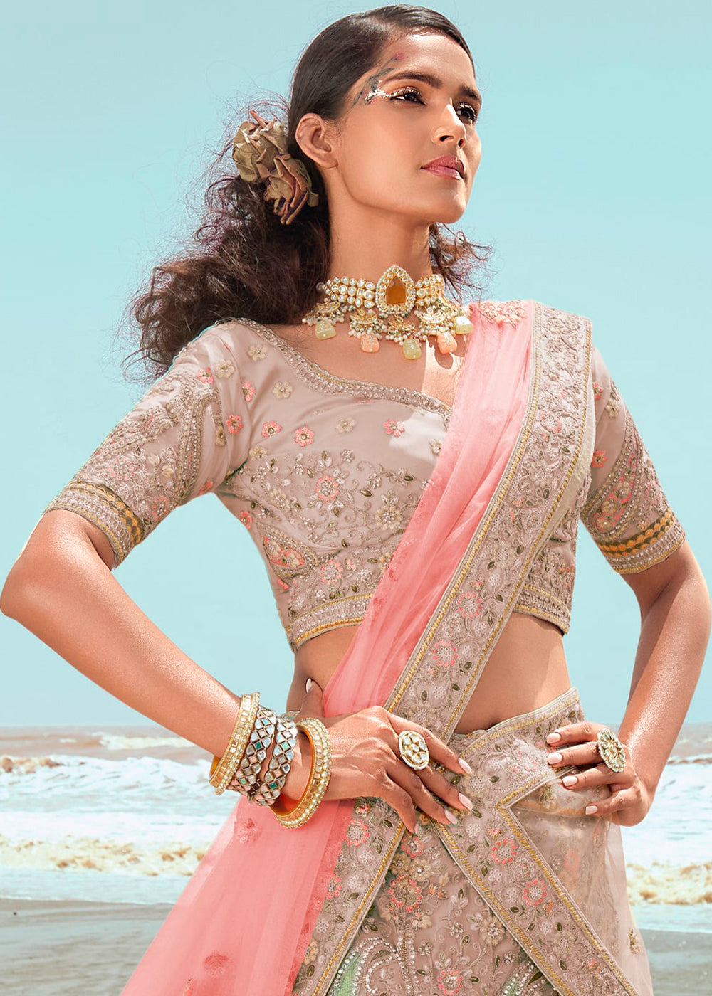 SALMON PINK HEAVY EMBROIDERED PREMIUM DESIGNER LEHENGA