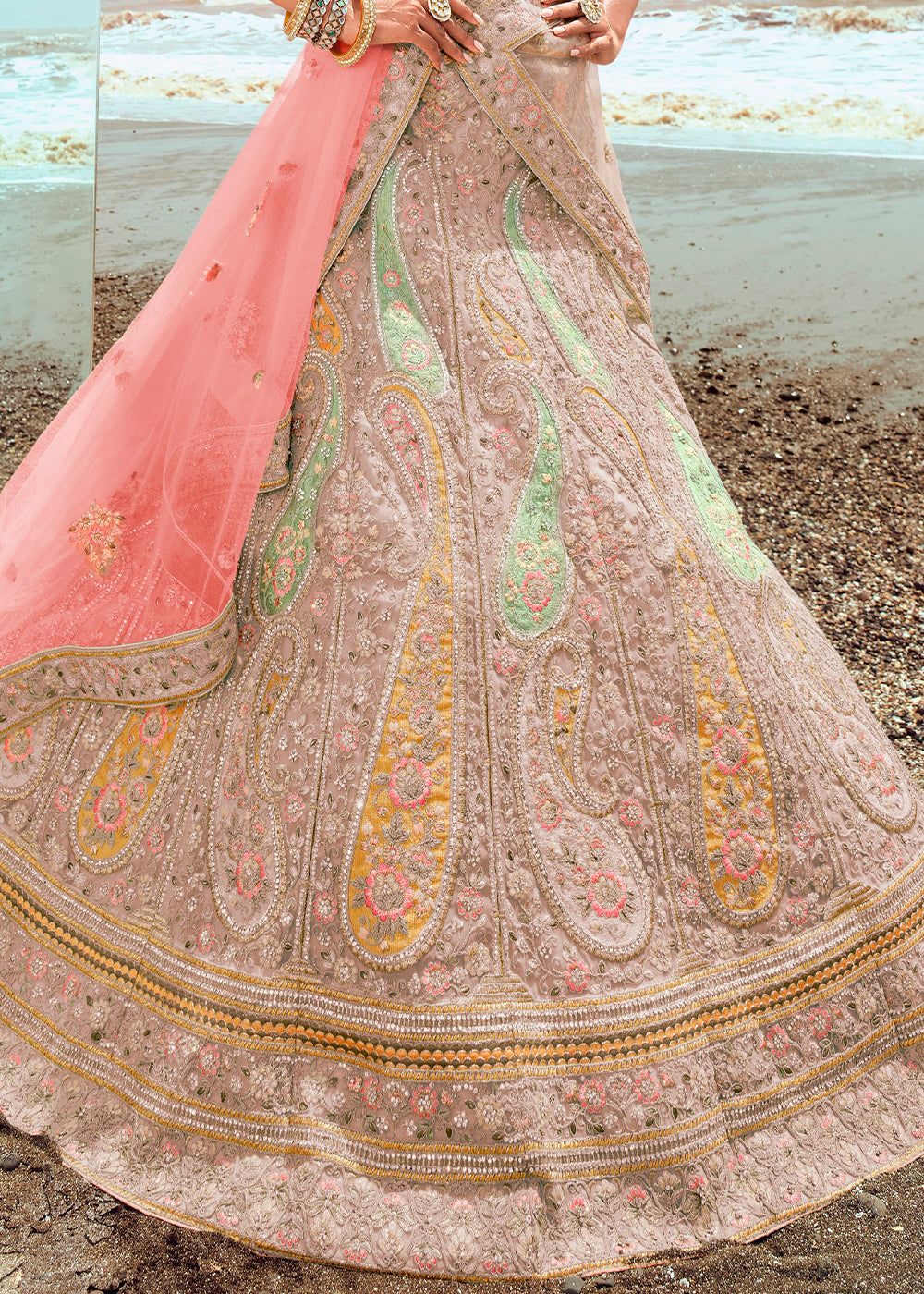 SALMON PINK HEAVY EMBROIDERED PREMIUM DESIGNER LEHENGA