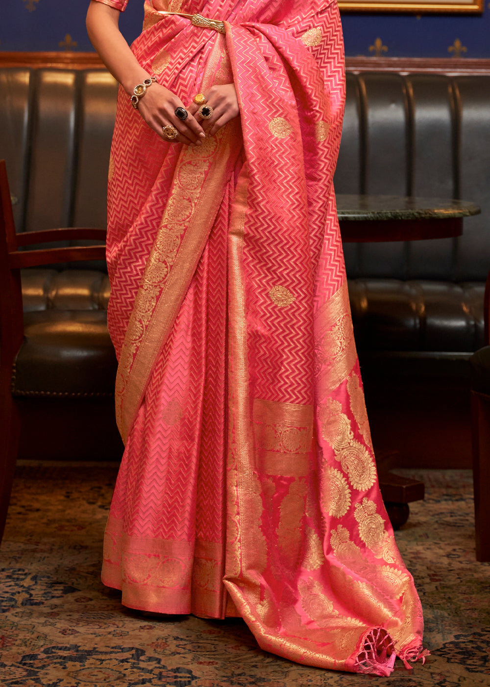 Orange Maheshwari Silk Handloom Cotton Saree with Pink Border | Shop Online