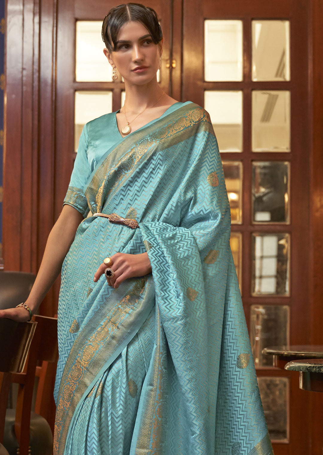 TURQUOISE BLUE ZARI WOVEN PURE SATIN SILK SAREE