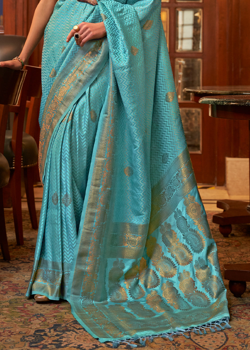 TURQUOISE BLUE ZARI WOVEN PURE SATIN SILK SAREE