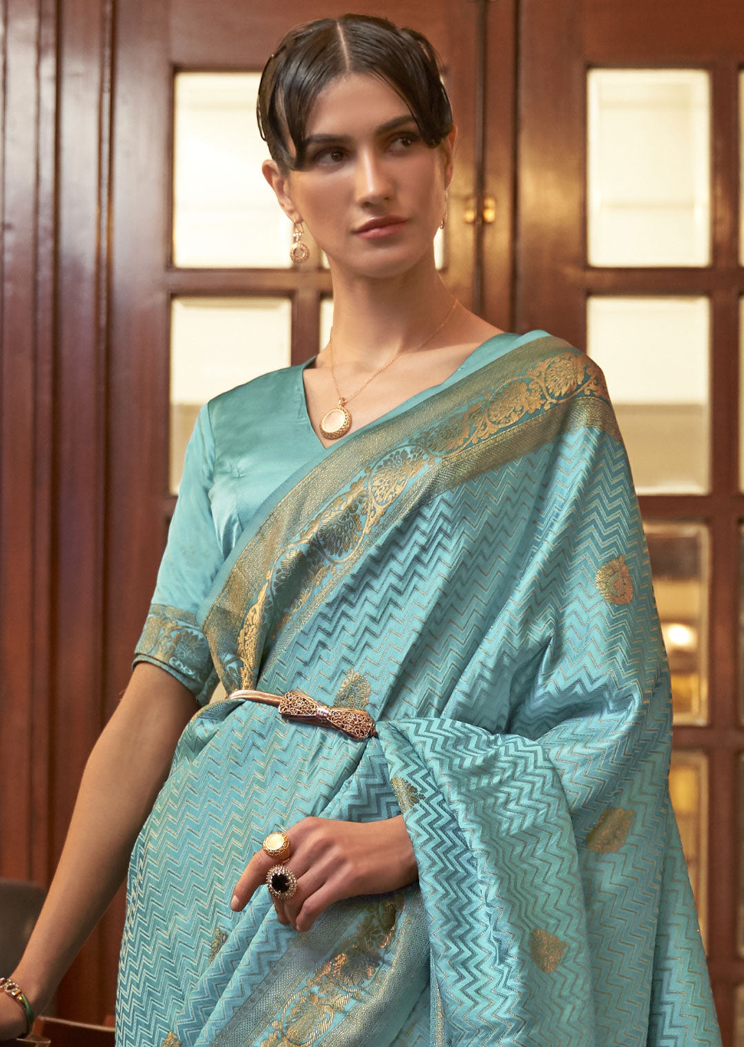 TURQUOISE BLUE ZARI WOVEN PURE SATIN SILK SAREE