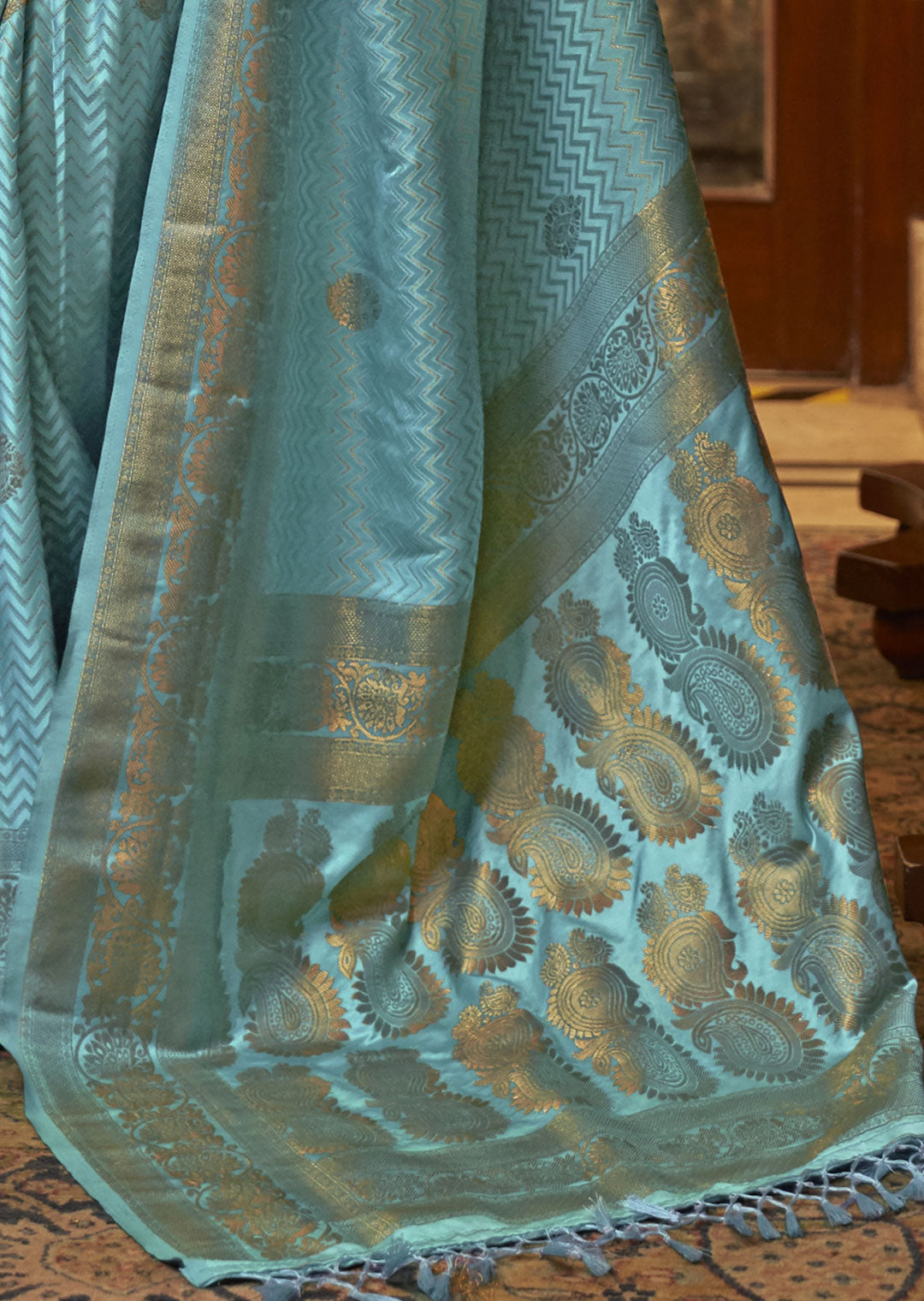 TURQUOISE BLUE ZARI WOVEN PURE SATIN SILK SAREE