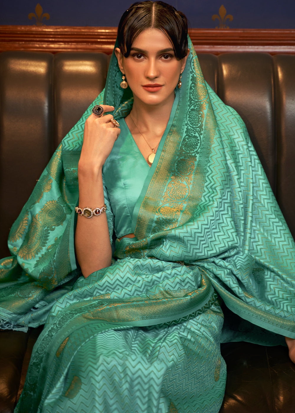 OCEAN GREEN ZARI WOVEN PURE SATIN SILK SAREE