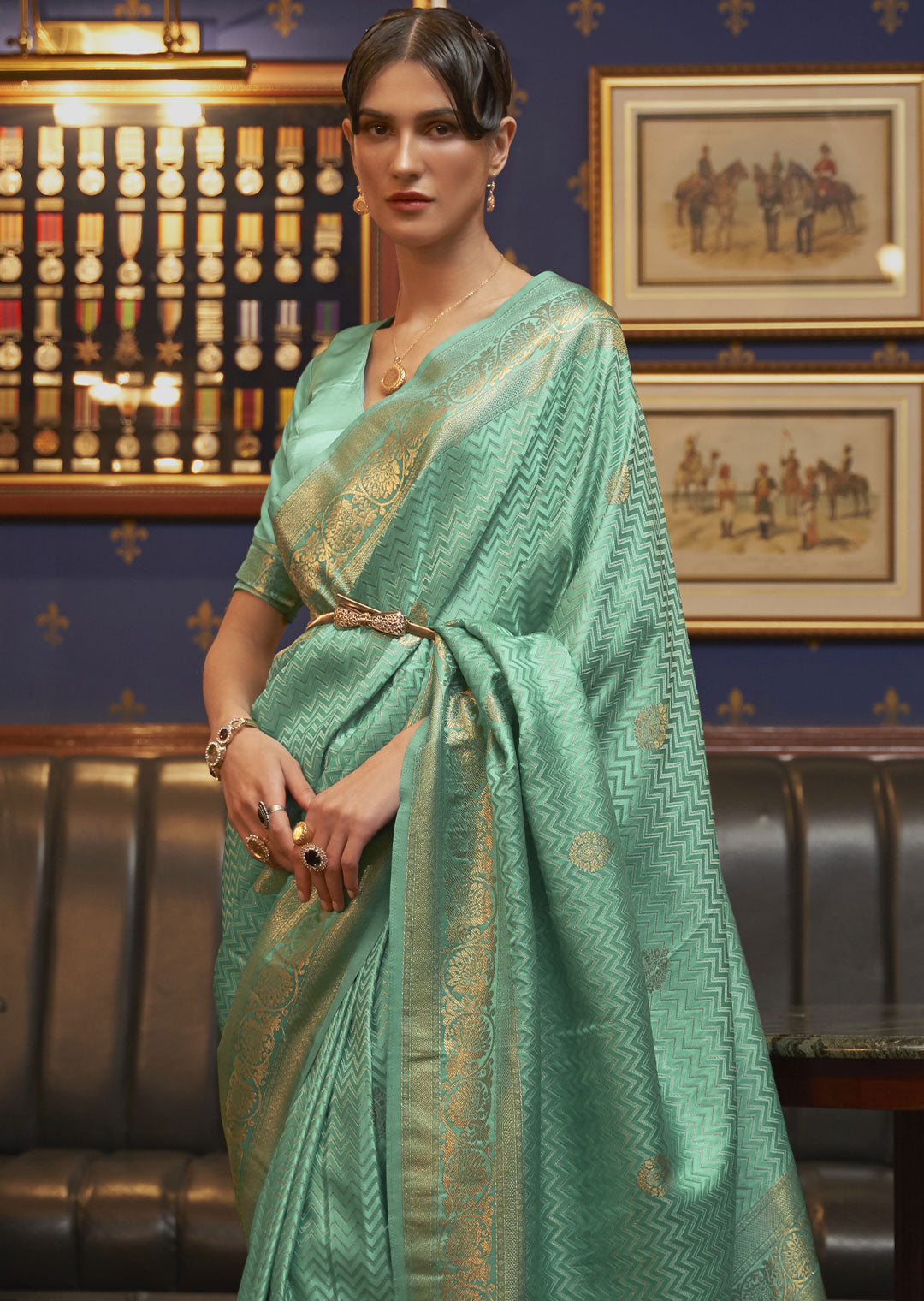 OCEAN GREEN ZARI WOVEN PURE SATIN SILK SAREE