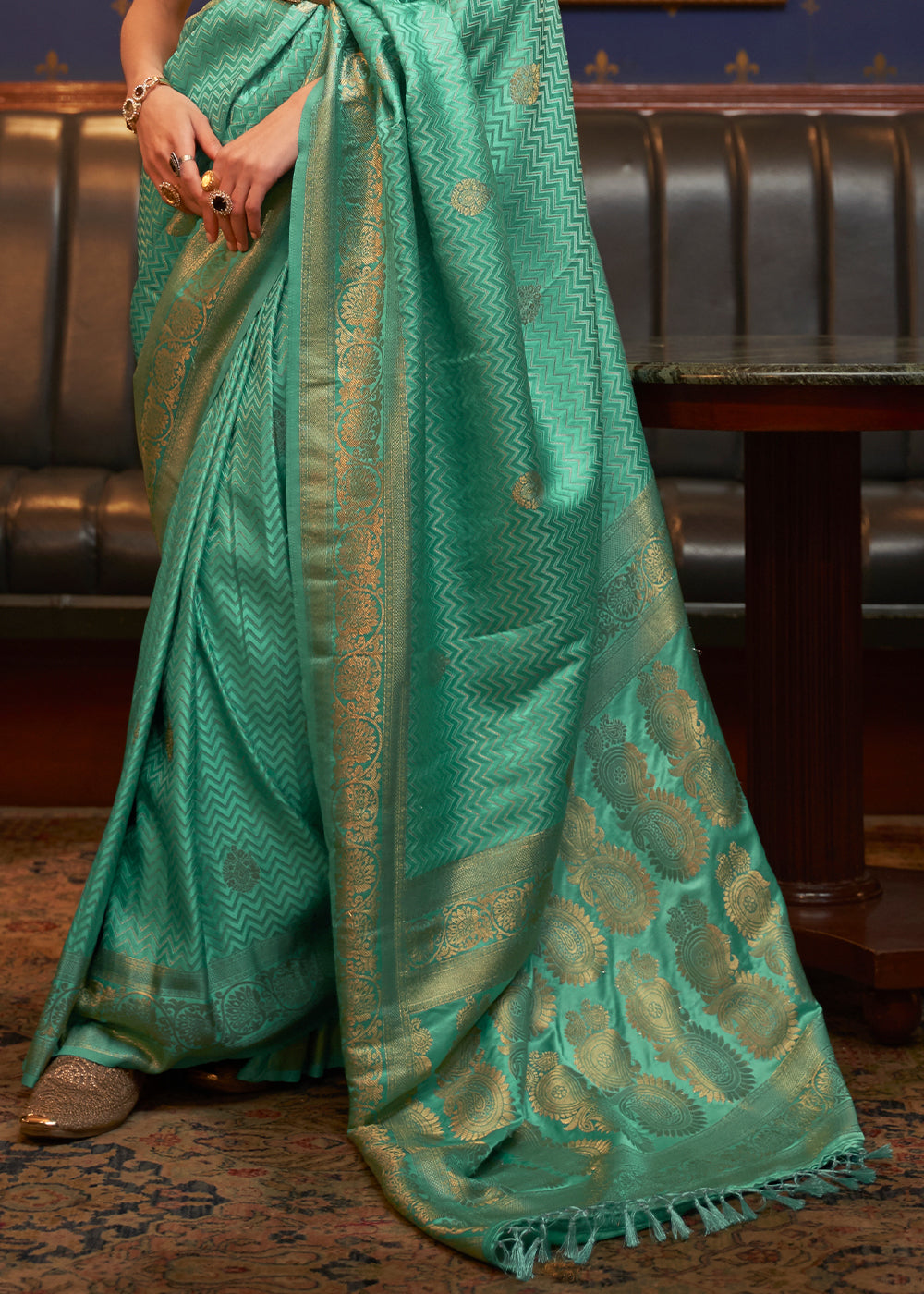 OCEAN GREEN ZARI WOVEN PURE SATIN SILK SAREE