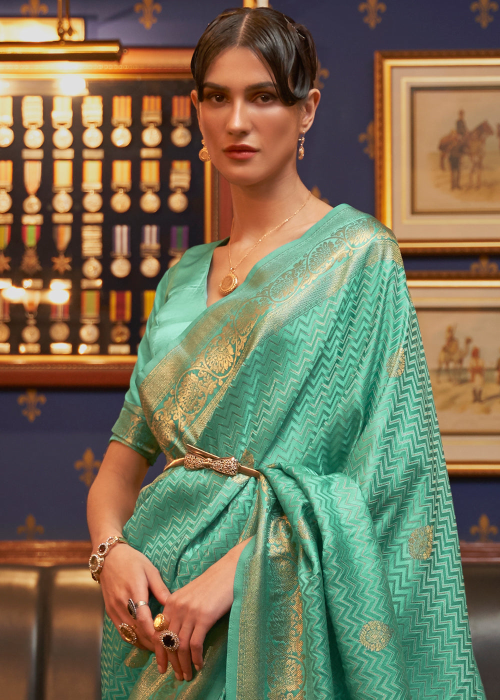 OCEAN GREEN ZARI WOVEN PURE SATIN SILK SAREE