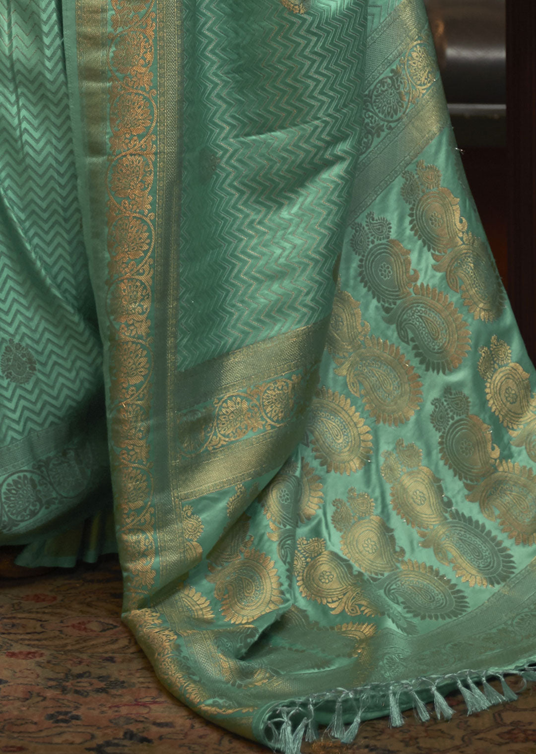 OCEAN GREEN ZARI WOVEN PURE SATIN SILK SAREE