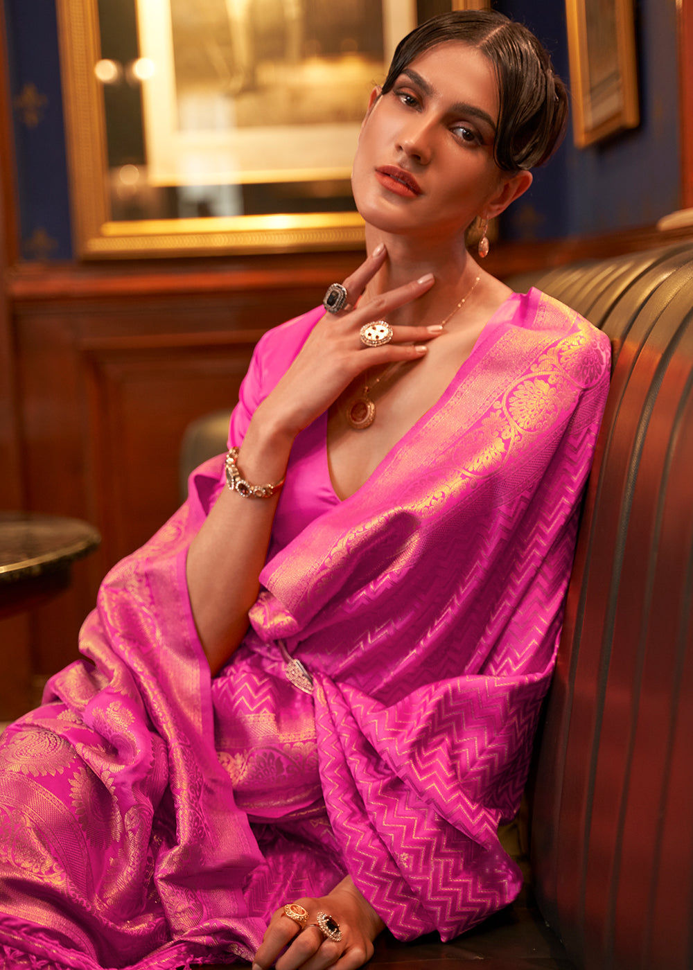 HOT PINK ZARI WOVEN PURE SATIN SILK SAREE