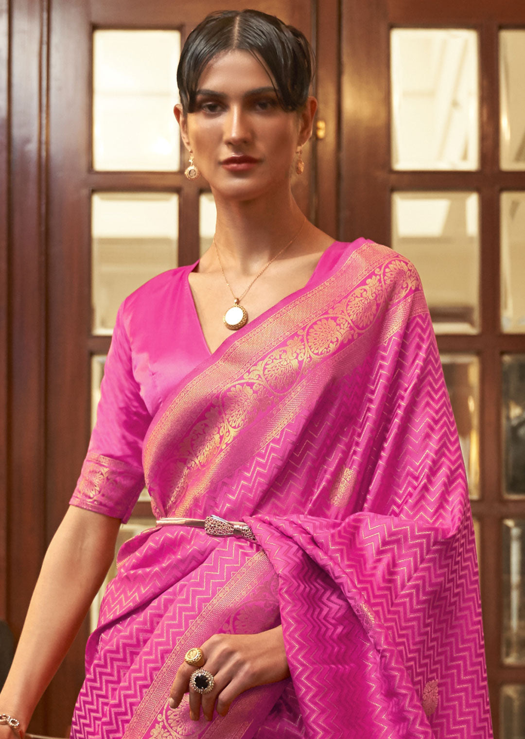 HOT PINK ZARI WOVEN PURE SATIN SILK SAREE