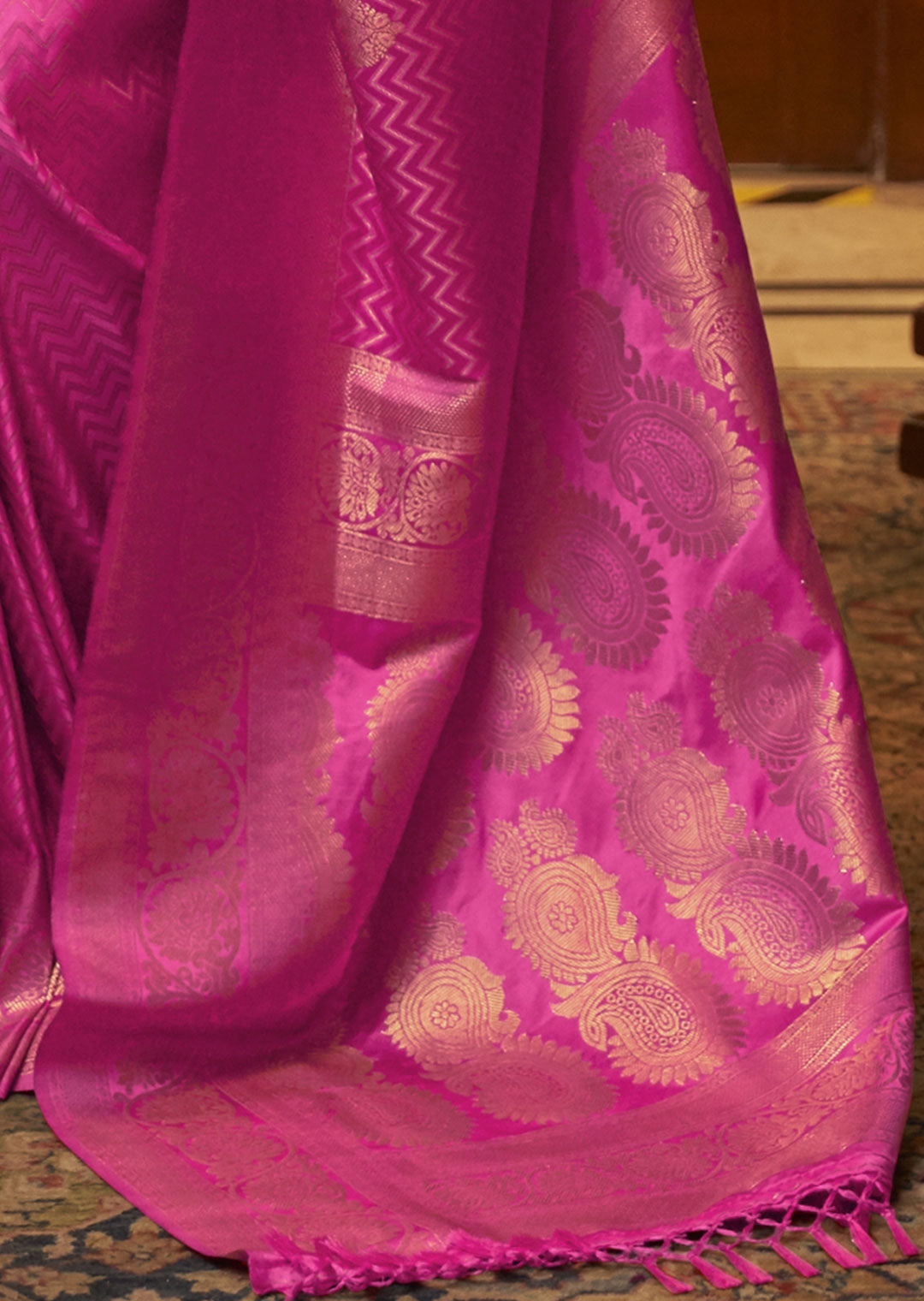 HOT PINK ZARI WOVEN PURE SATIN SILK SAREE