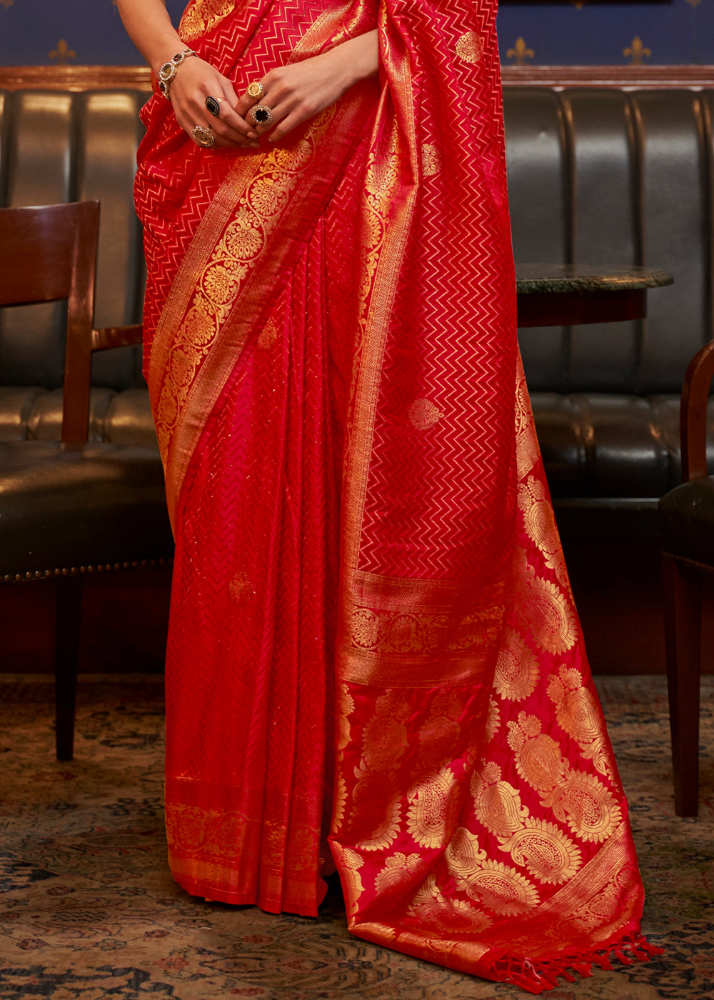 RED ZARI WOVEN PURE SATIN SILK SAREE