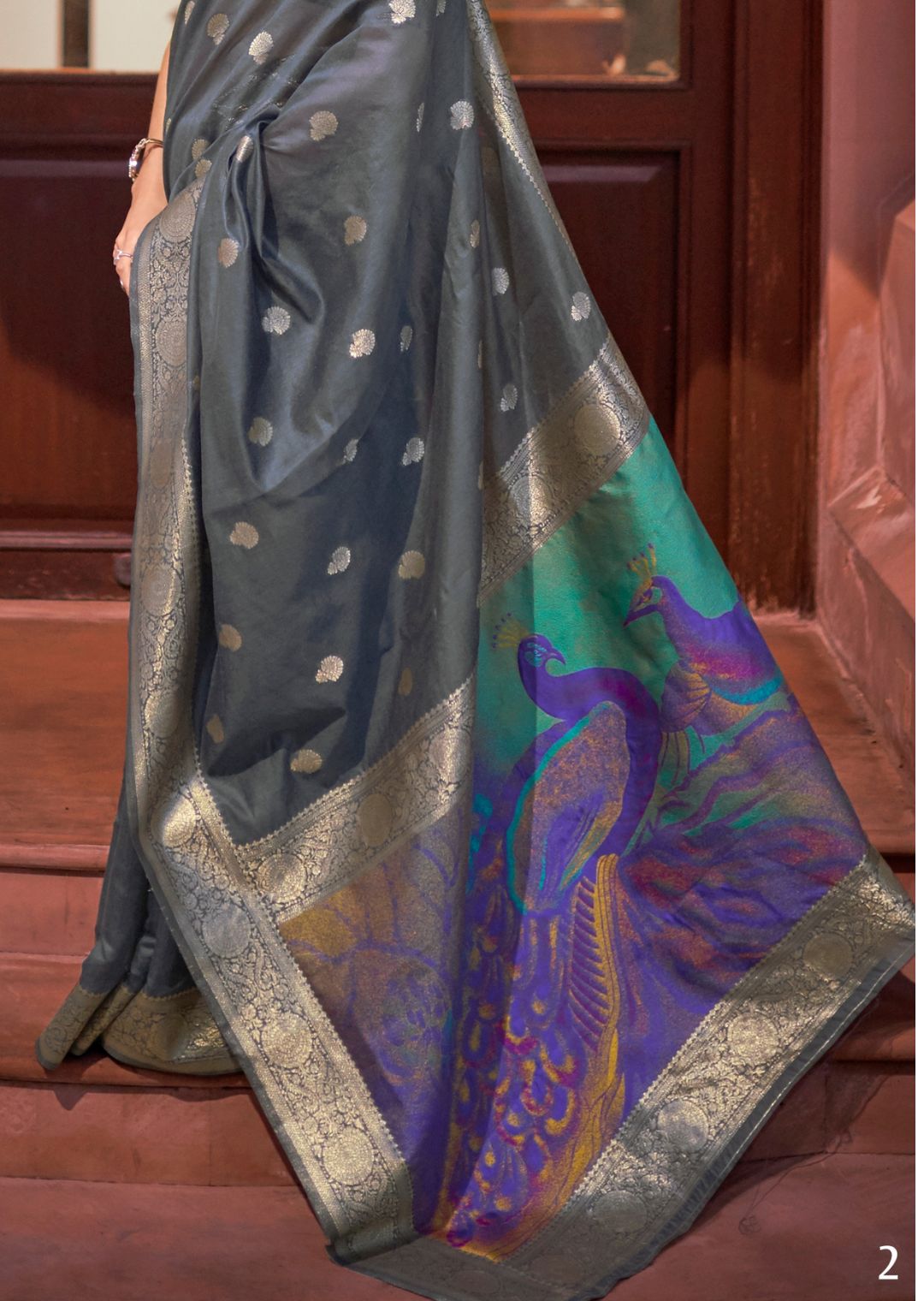 Coin Gray Zari Woven Pure Handloom Banarasi Silk Saree