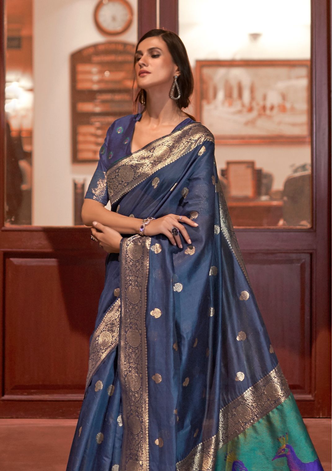 Deep Yale Blue Zari Woven Pure Handloom Banarasi Silk Saree