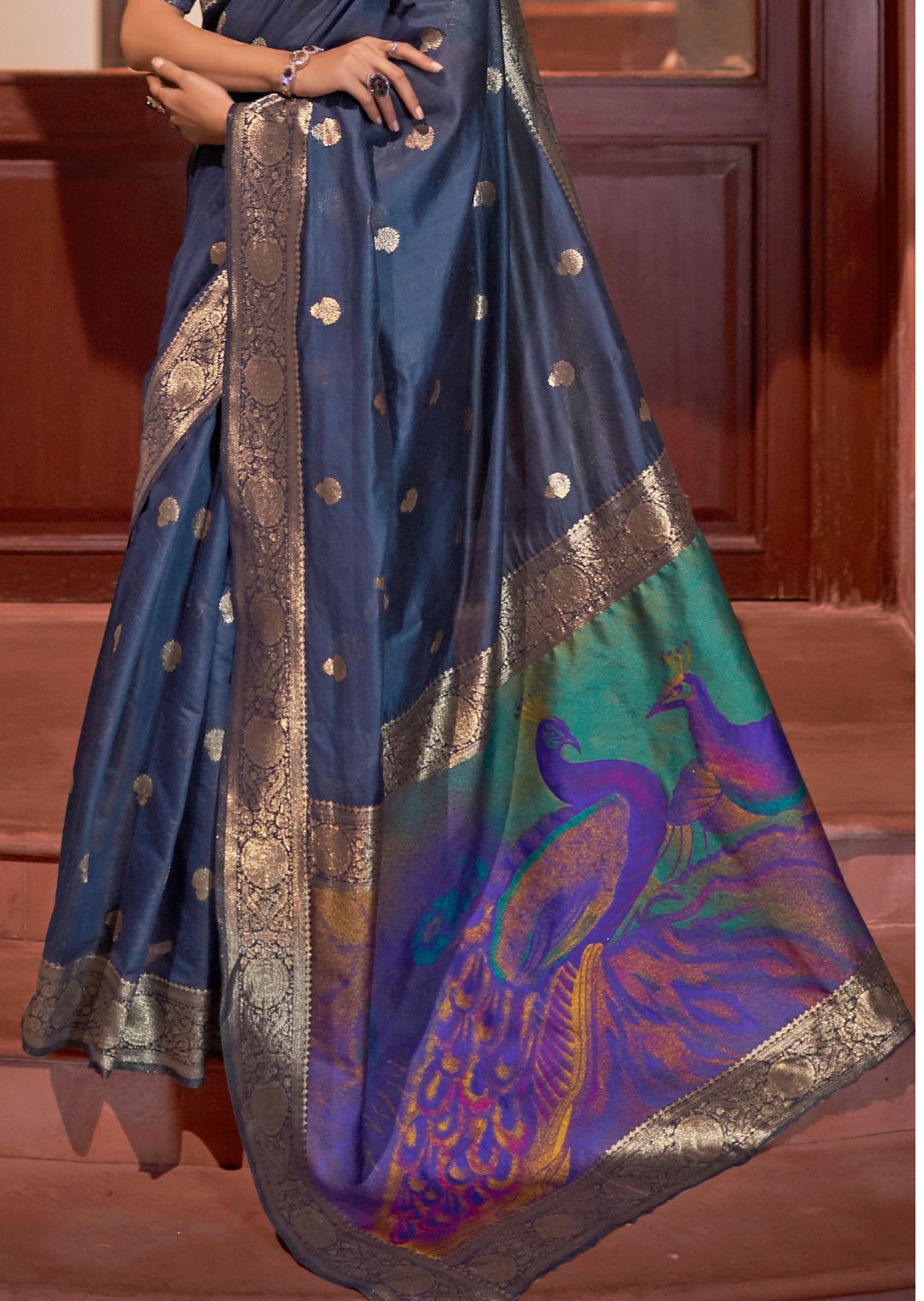 Deep Yale Blue Zari Woven Pure Handloom Banarasi Silk Saree