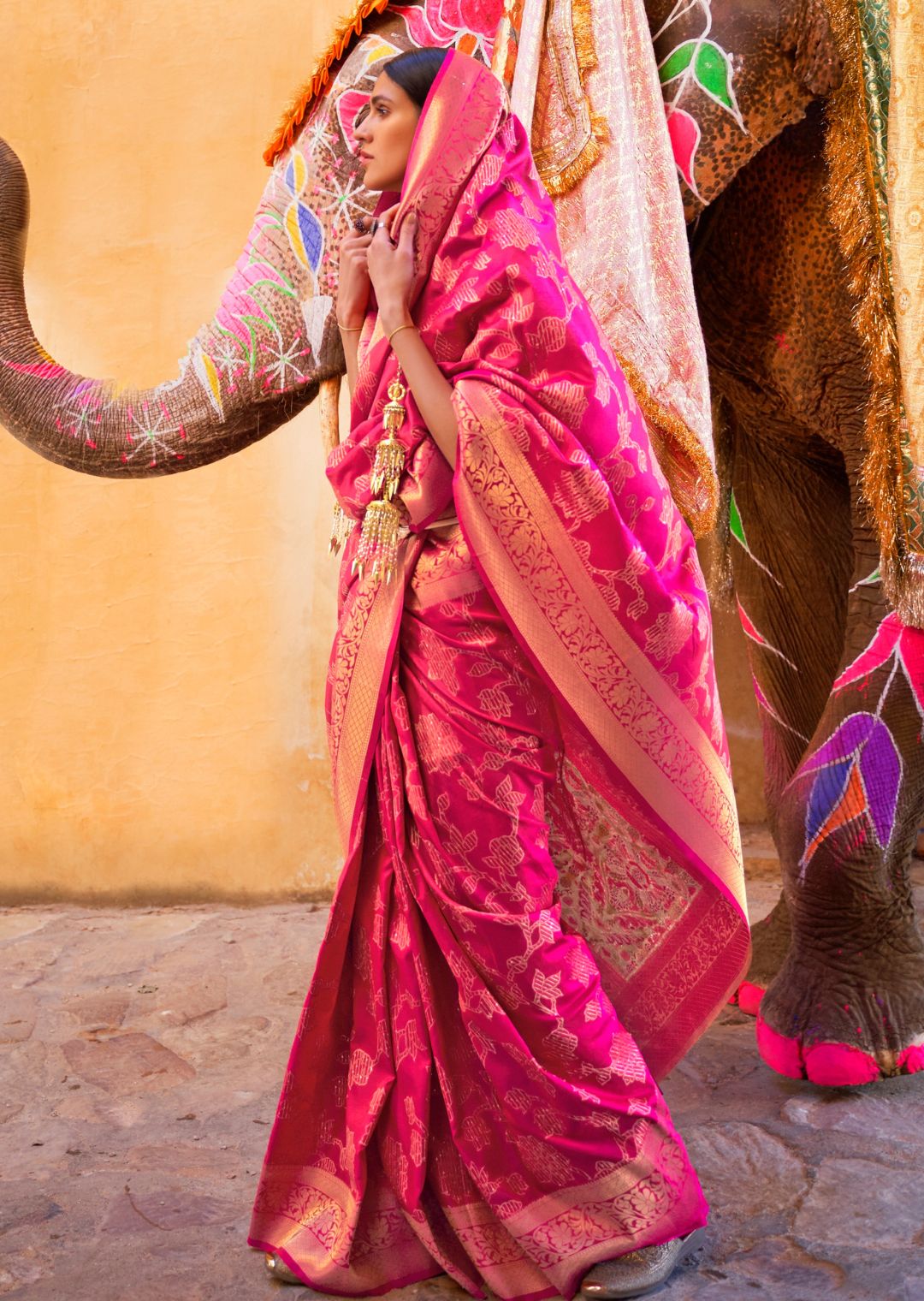 Deep Pink Sequins Woven Pure Handloom Banarasi Silk Saree