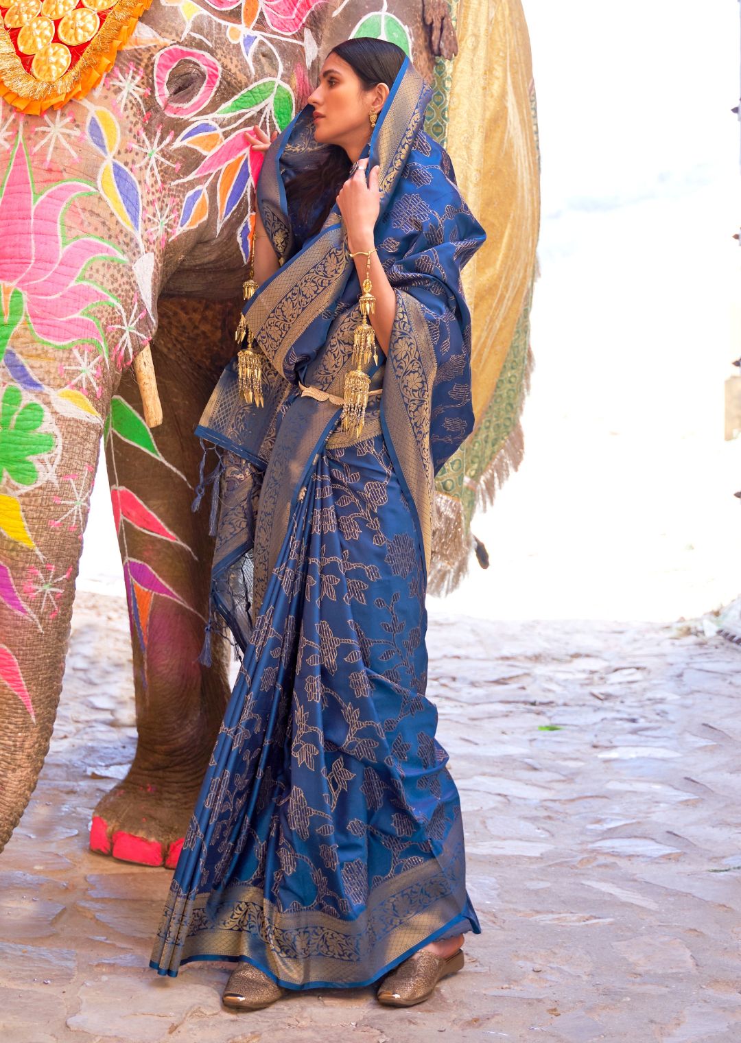 Cobalt Blue Sequins Woven Pure Handloom Banarasi Silk Saree