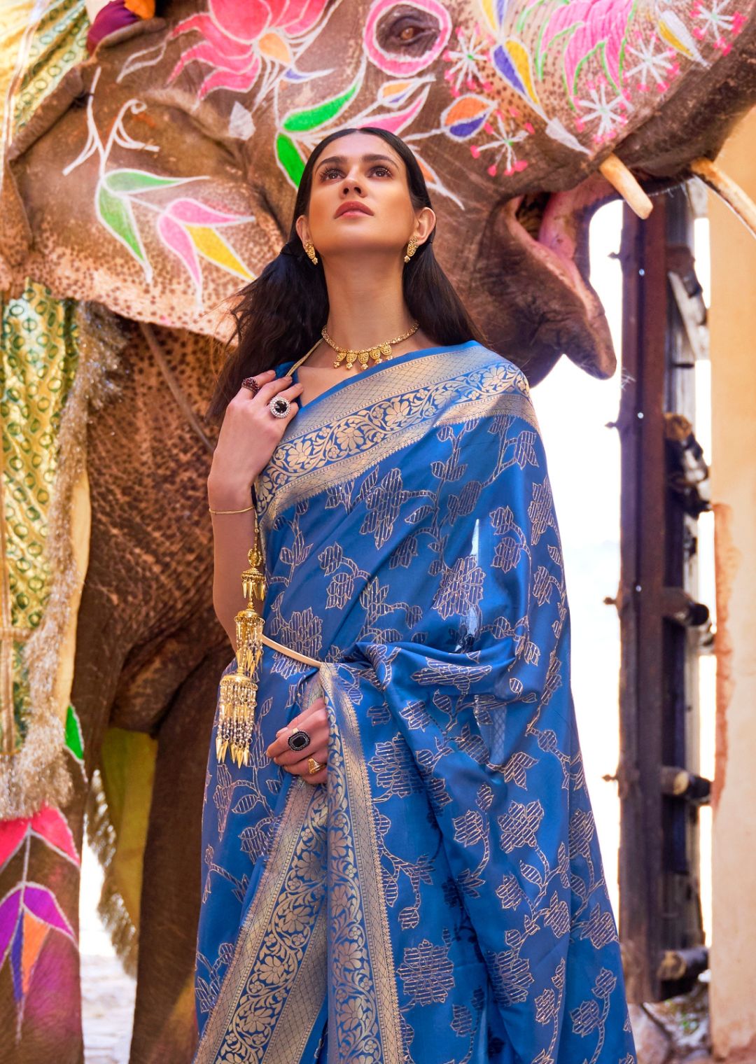 Cobalt Blue Sequins Woven Pure Handloom Banarasi Silk Saree