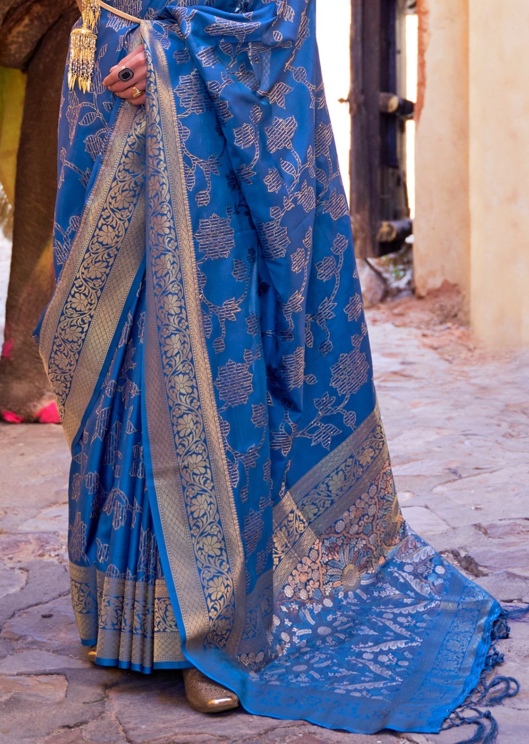 Cobalt Blue Sequins Woven Pure Handloom Banarasi Silk Saree