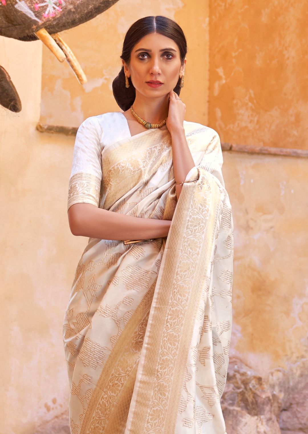 Off White Festive Wear Woven Banarasi Silk Saree